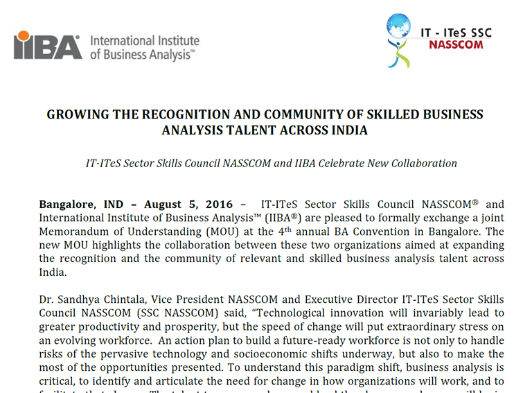 IIBA® and IT-ITeS Sector Skills Council NASSCOM new collaboration