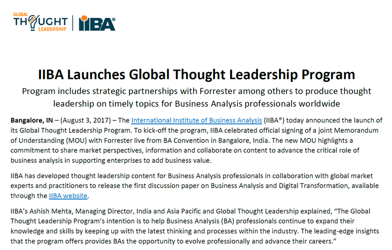 IIBA® Launches Global Thought Leadership Program